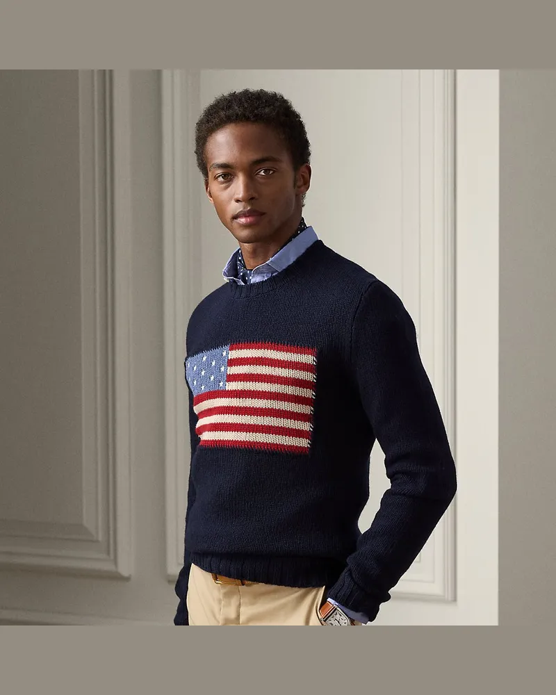 Ralph Lauren Kaschmir-Rundhalspullover mit US-Flagge Blue