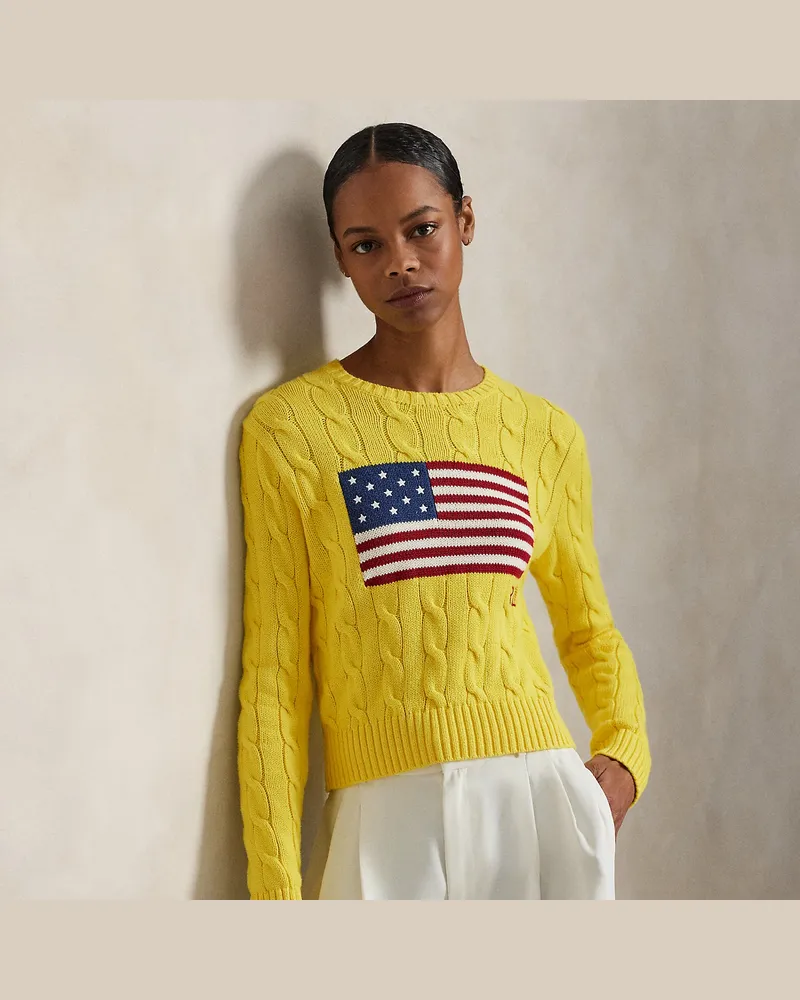 Ralph Lauren Kurzer Zopfmusterpullover mit US-Flagge Yellow