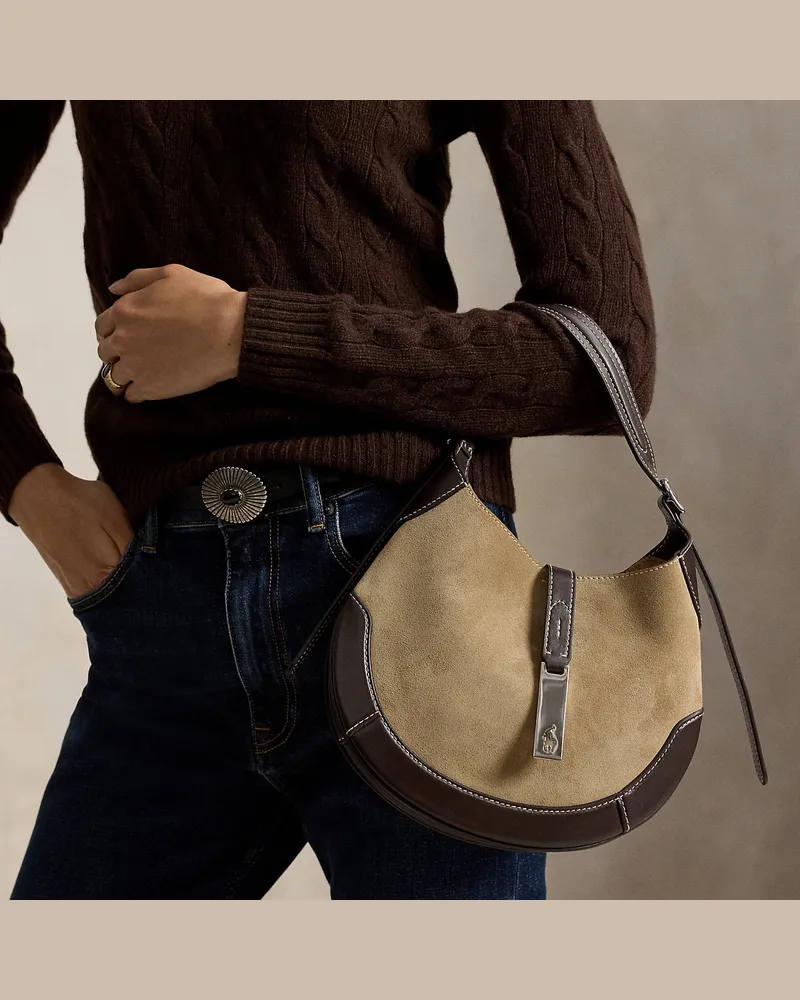 Ralph Lauren Kleine Wildleder-Schultertasche Polo ID Brown
