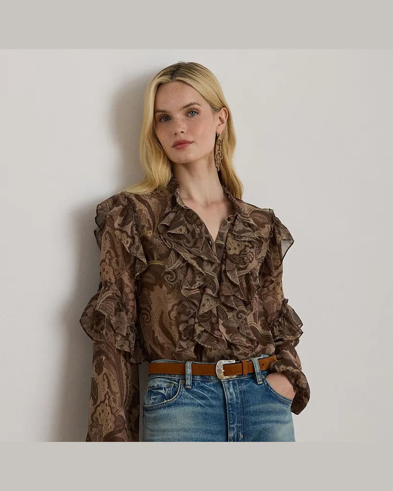 Ralph Lauren Paisley-Chiffonbluse mit Rüschenbesatz Brown