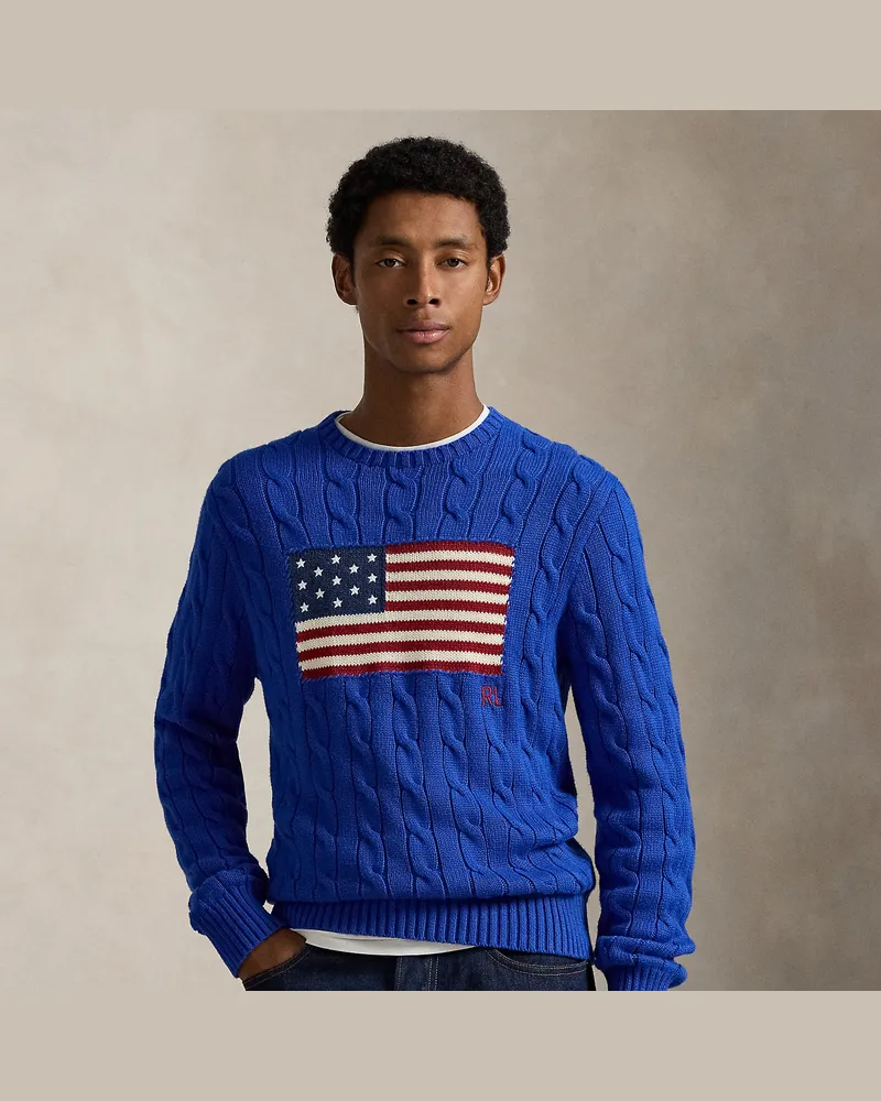 Ralph Lauren Pullover mit Zopfmuster und US-Flagge Blue