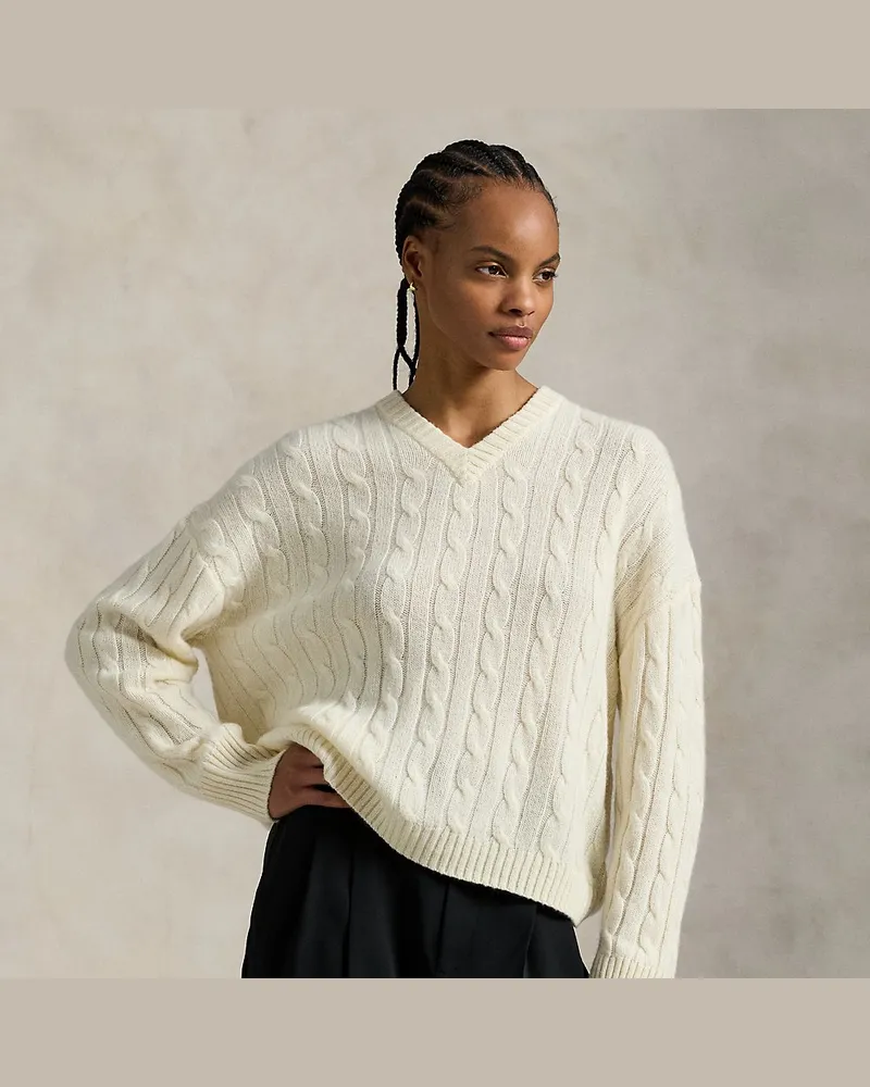 Ralph Lauren Kaschmir-Zopfpullover mit V-Ausschnitt Cream