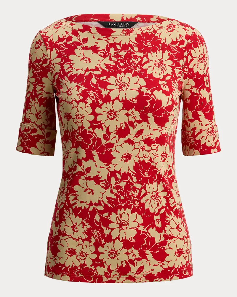 Ralph Lauren Kurzgrößen - Geblümtes T-Shirt mit U-Boot-Ausschnitt Red