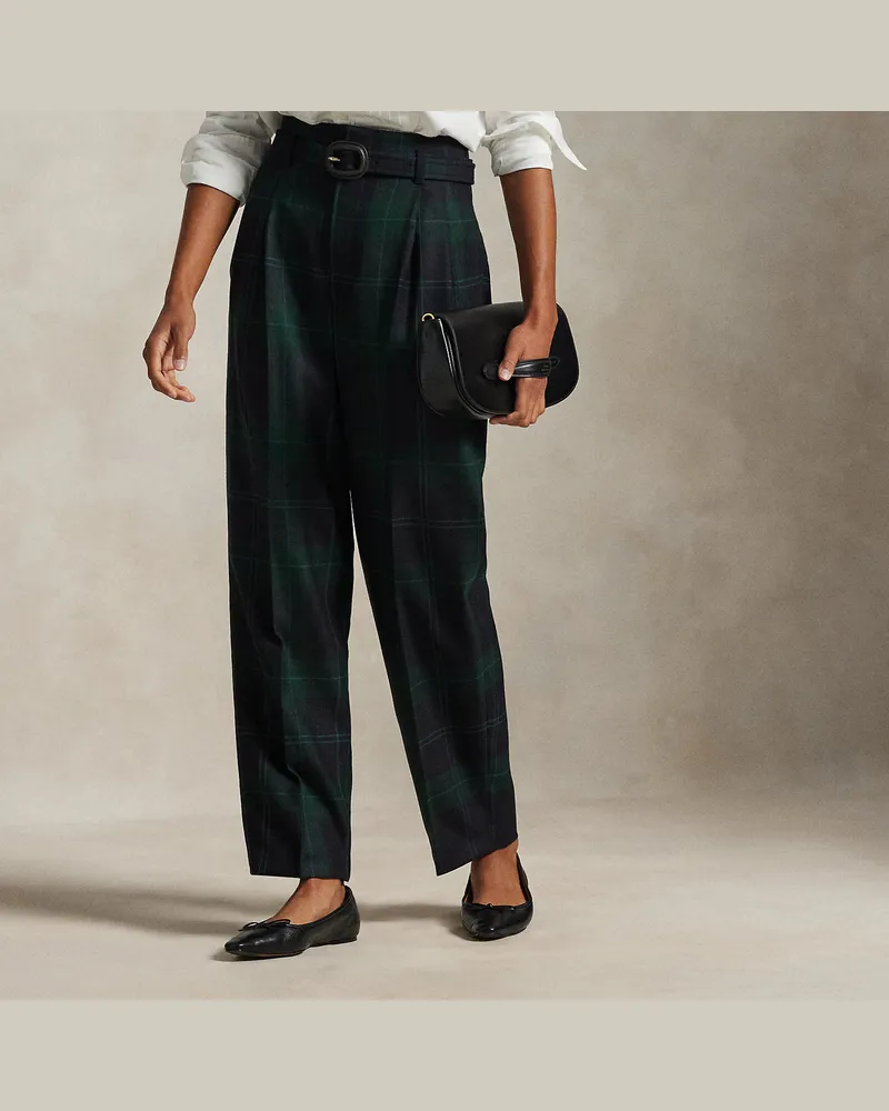 Ralph Lauren Belted Plaid Wool Pleated Tapered Pant Green