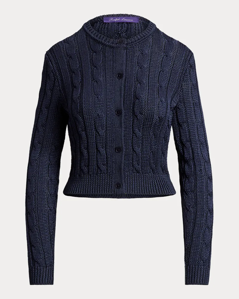 Ralph Lauren Kurze Zopfmuster-Strickjacke aus Seide Blue