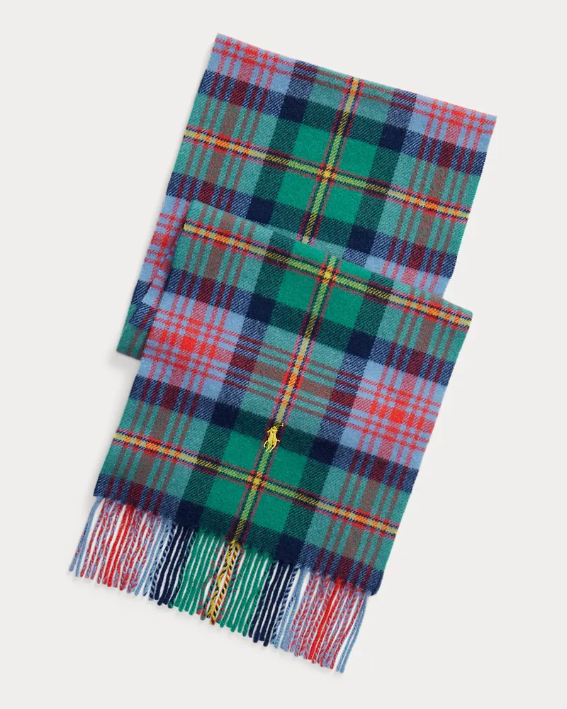 Ralph Lauren Karierter Fransenschal aus Wolle Blue