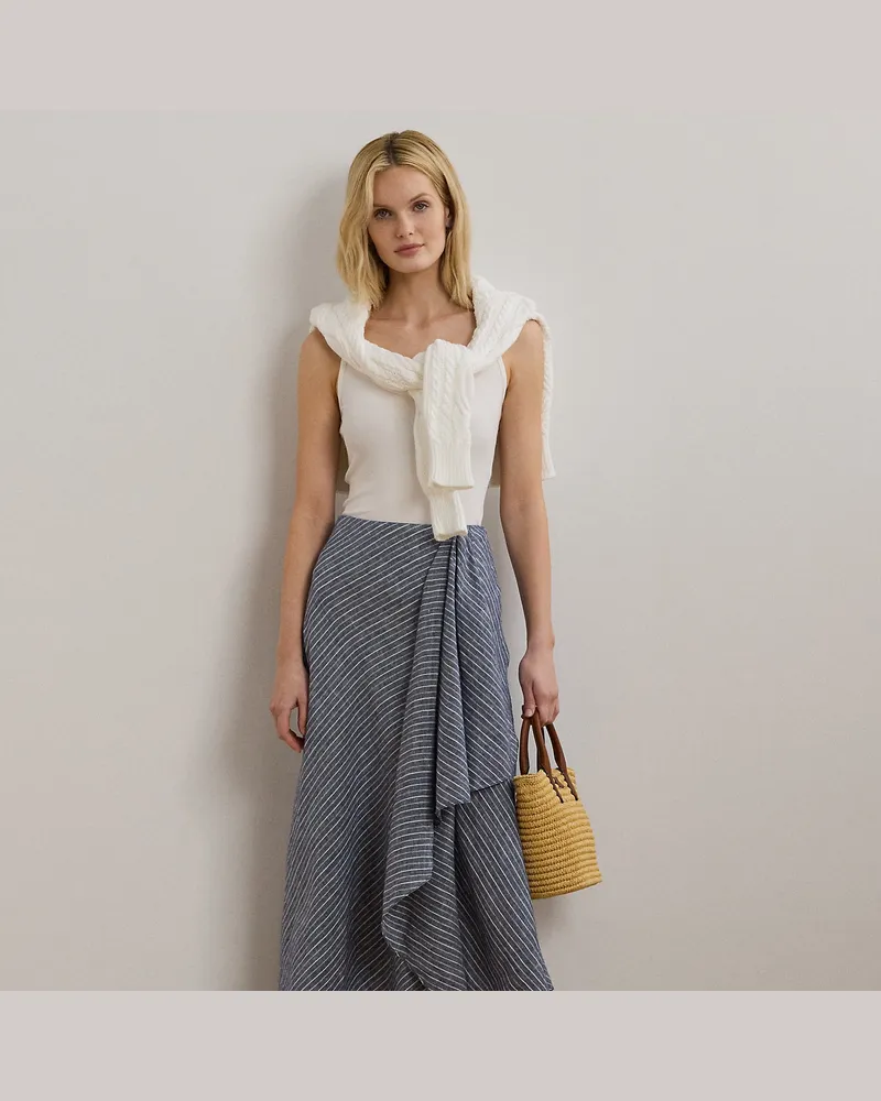 Ralph Lauren Gestreifter Leinen-Midirock in A-Linie Blue