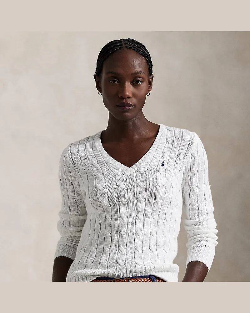 Ralph Lauren Zopfmusterpullover mit V-Ausschnitt White