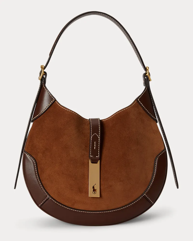 Ralph Lauren Kleine Wildleder-Schultertasche Polo ID Brown
