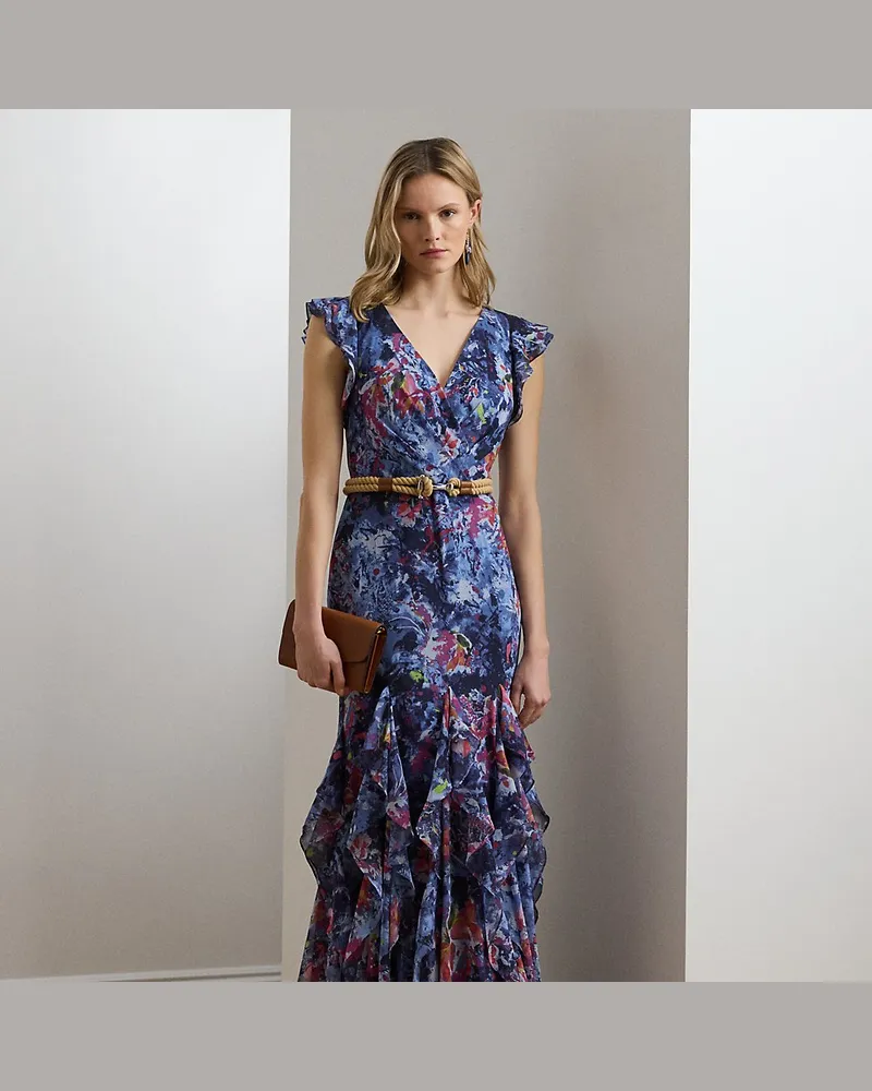 Ralph Lauren Bedrucktes Abendkleid mit Rüschenbesatz Blue