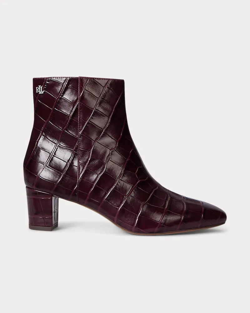 Ralph Lauren Demi Croc-Embossed Leather Bootie Red