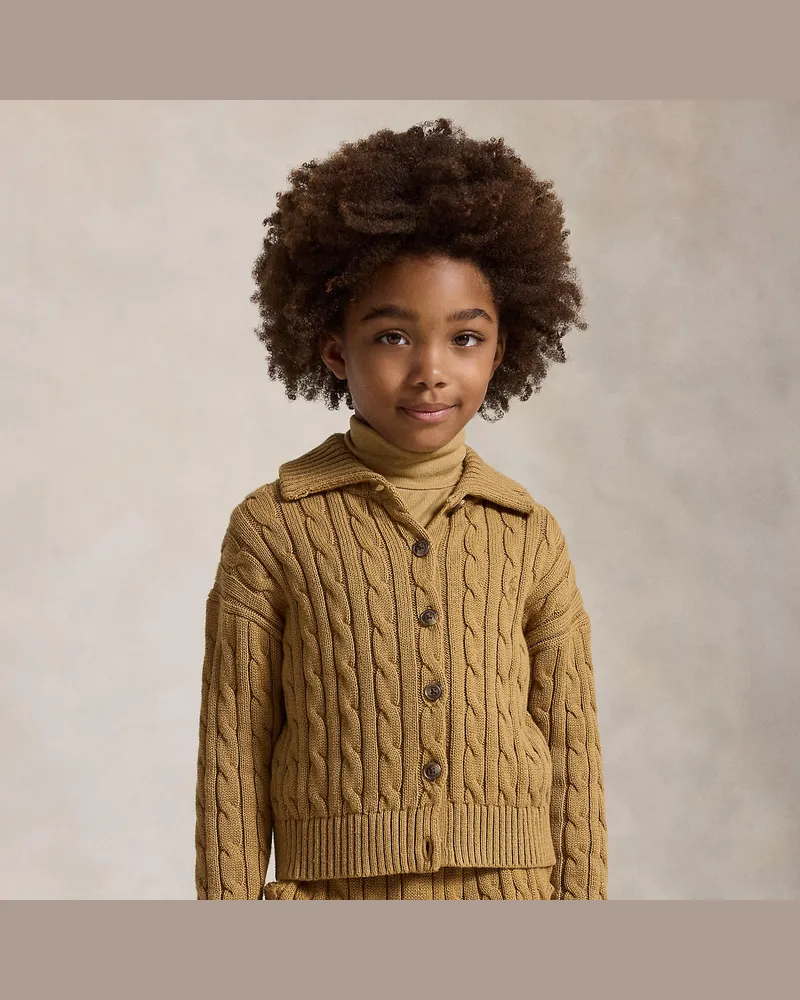 Ralph Lauren Strickjacke mit Zopfmuster und Kragen Tan