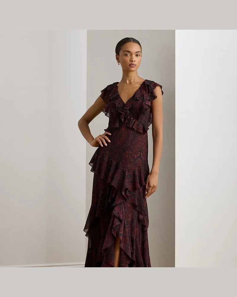 Ralph Lauren Paisley-Georgette-Abendkleid mit Rüschen Red