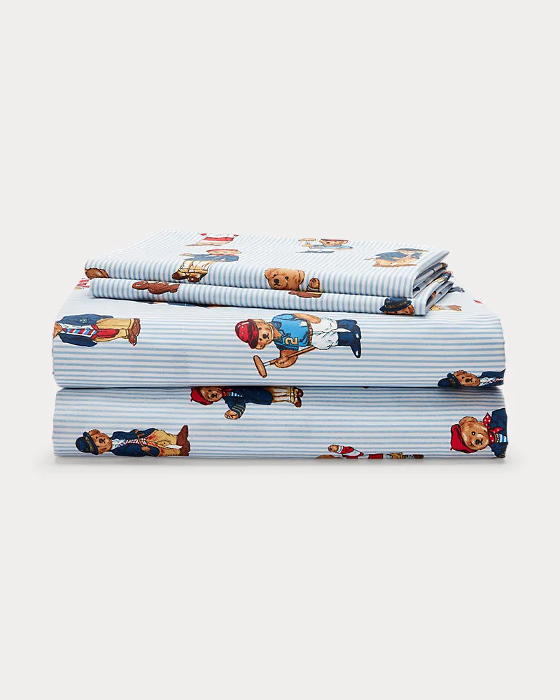 Ralph Lauren Home Gestreiftes Bettlaken-Set mit Teddybär Blue
