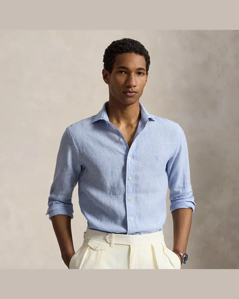 Ralph Lauren Custom-Fit Hahnentritt-Hemd aus Leinen Blue