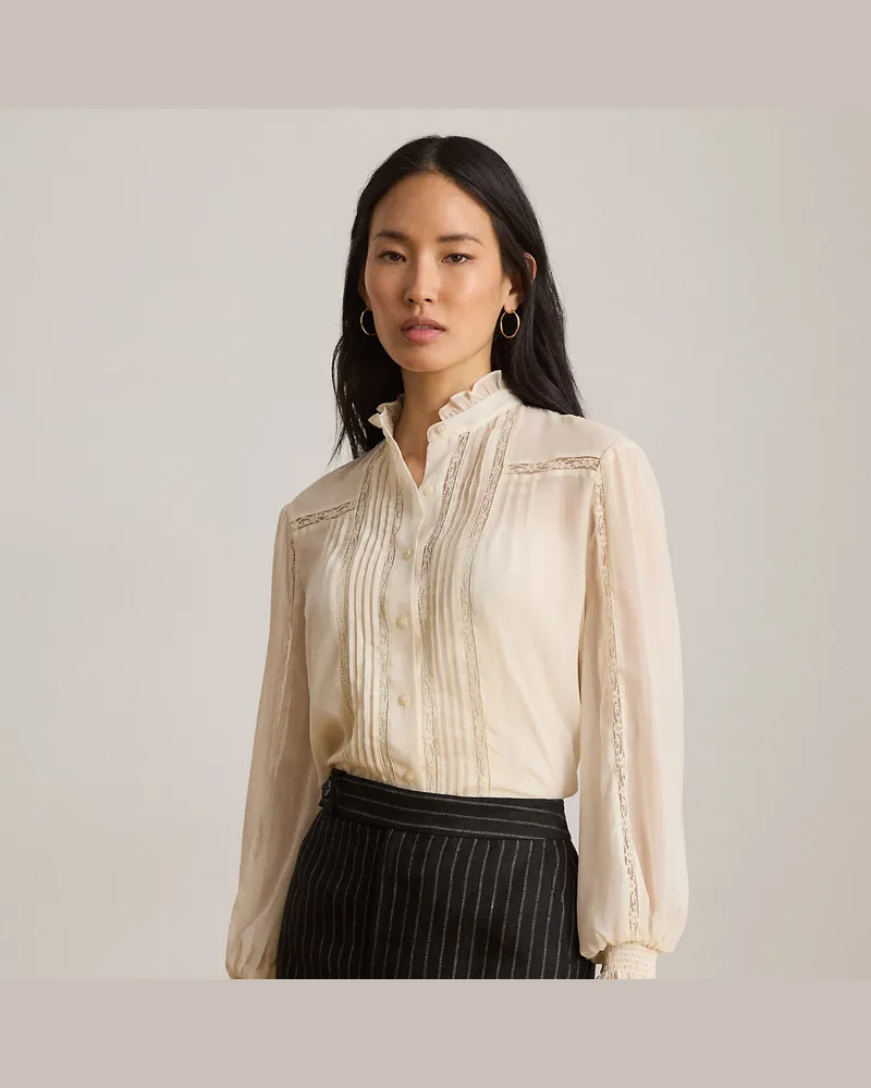 Ralph Lauren Knittergeorgette-Bluse mit Spitzenbesatz Cream