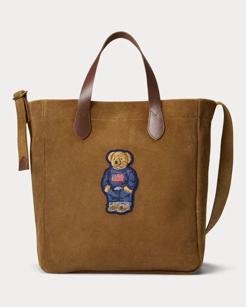 Ralph Lauren Rauwildleder-Tragetasche mit Polo Bear Brown
