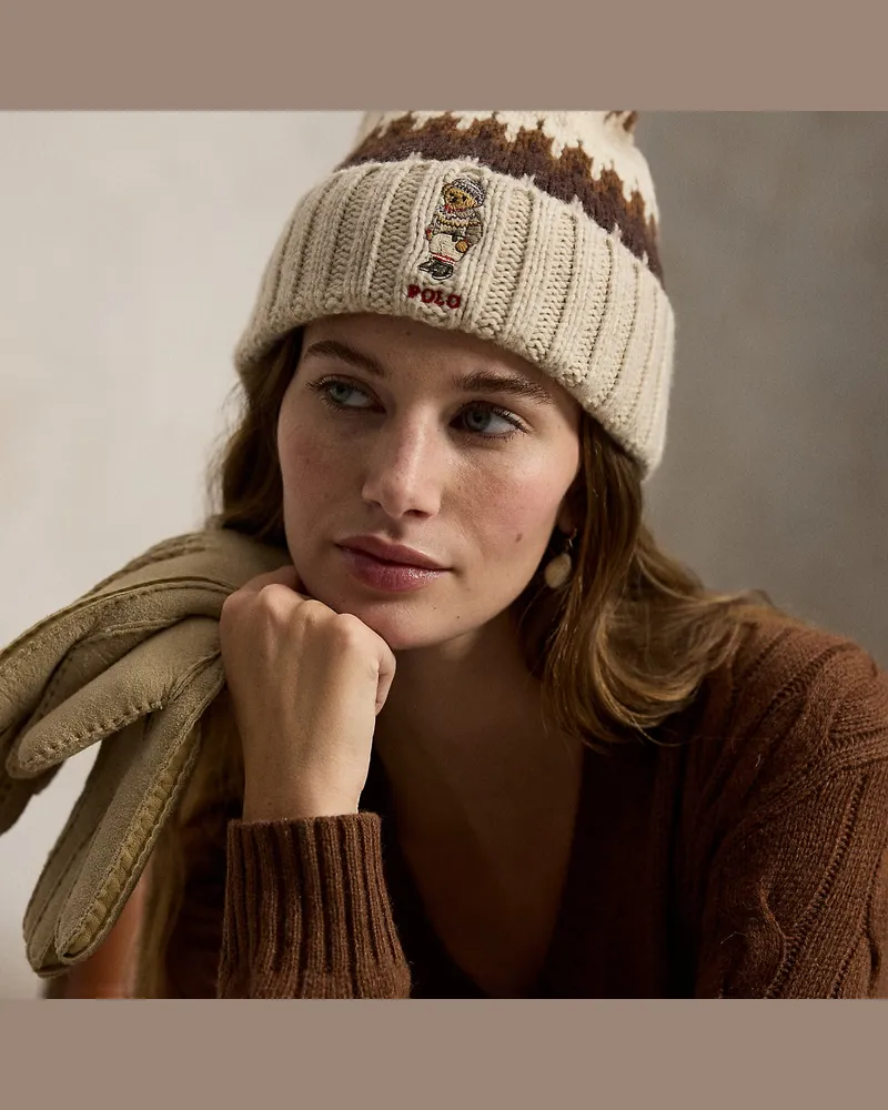 Ralph Lauren Bommelmütze aus Wollmix mit Polo Bear Cream