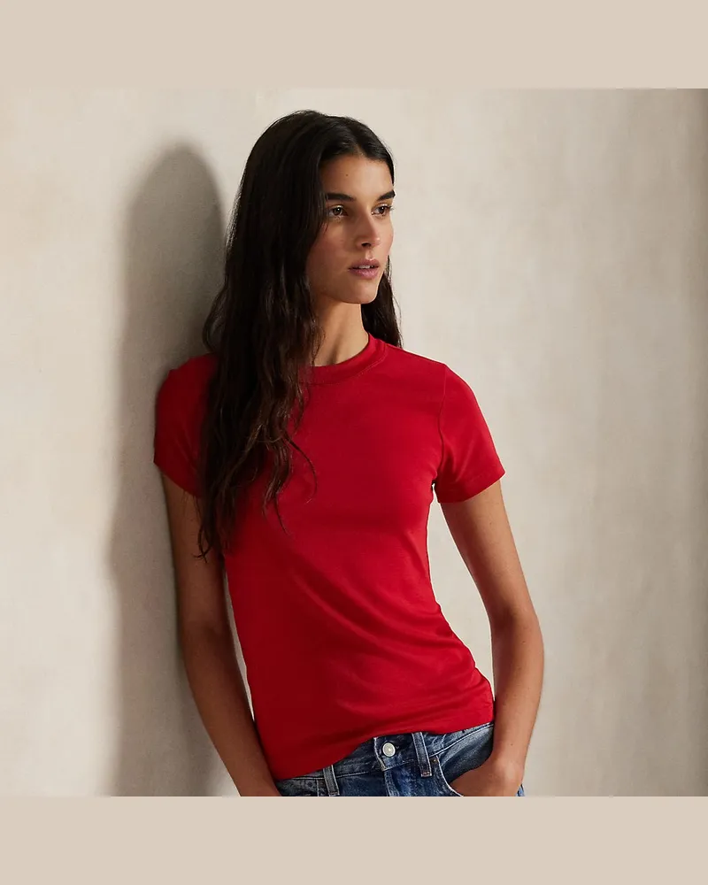 Ralph Lauren Geripptes Slim-Fit Baumwoll-T-Shirt Red