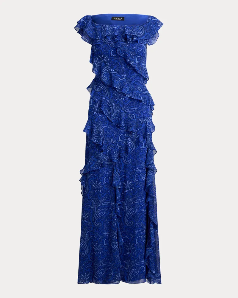 Ralph Lauren Schulterfreies Abendkleid mit Rüschen Blue