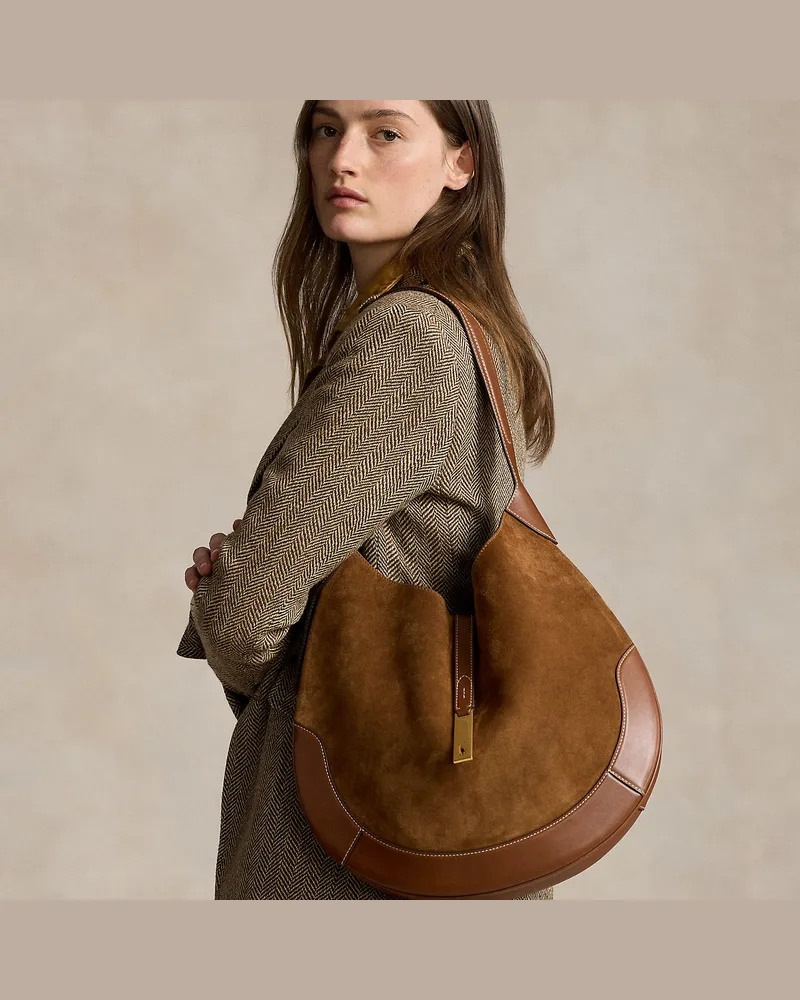 Ralph Lauren Große Wildleder-Schultertasche Polo ID Brown