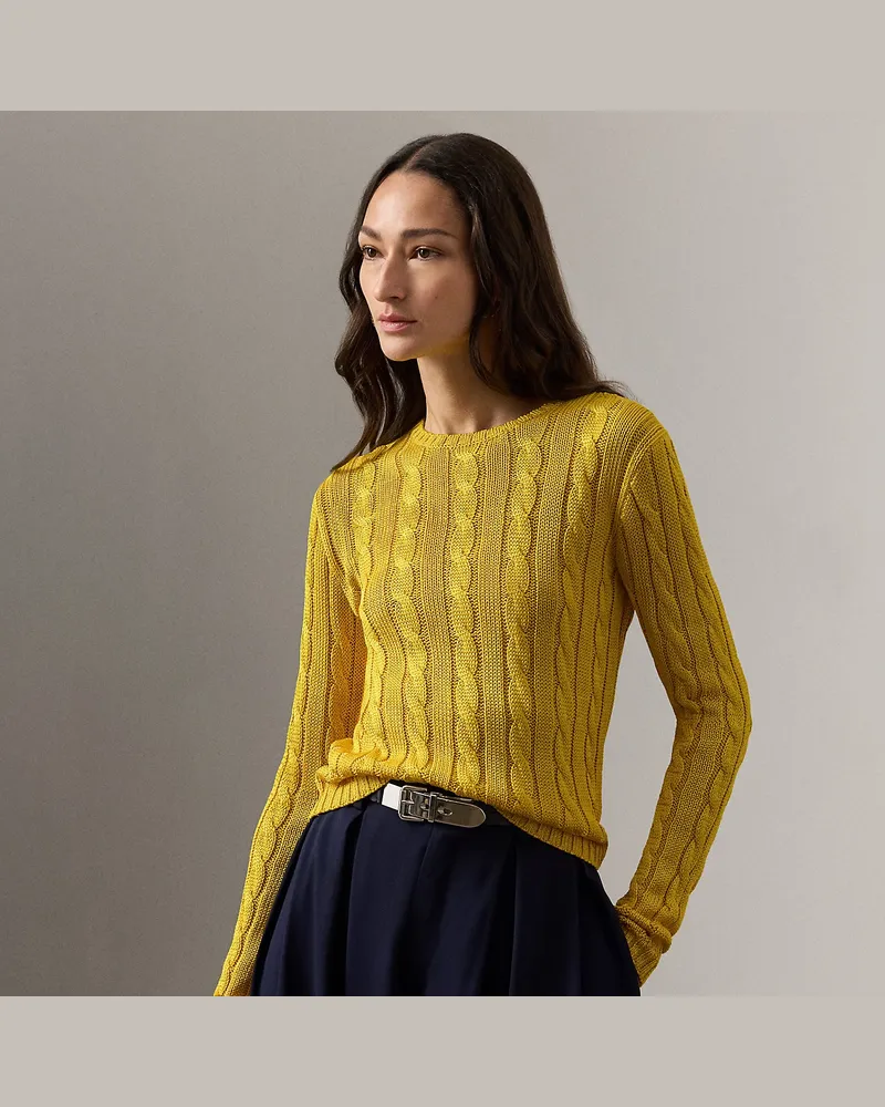 Ralph Lauren Seiden-Rundhalspullover mit Zopfmuster Yellow