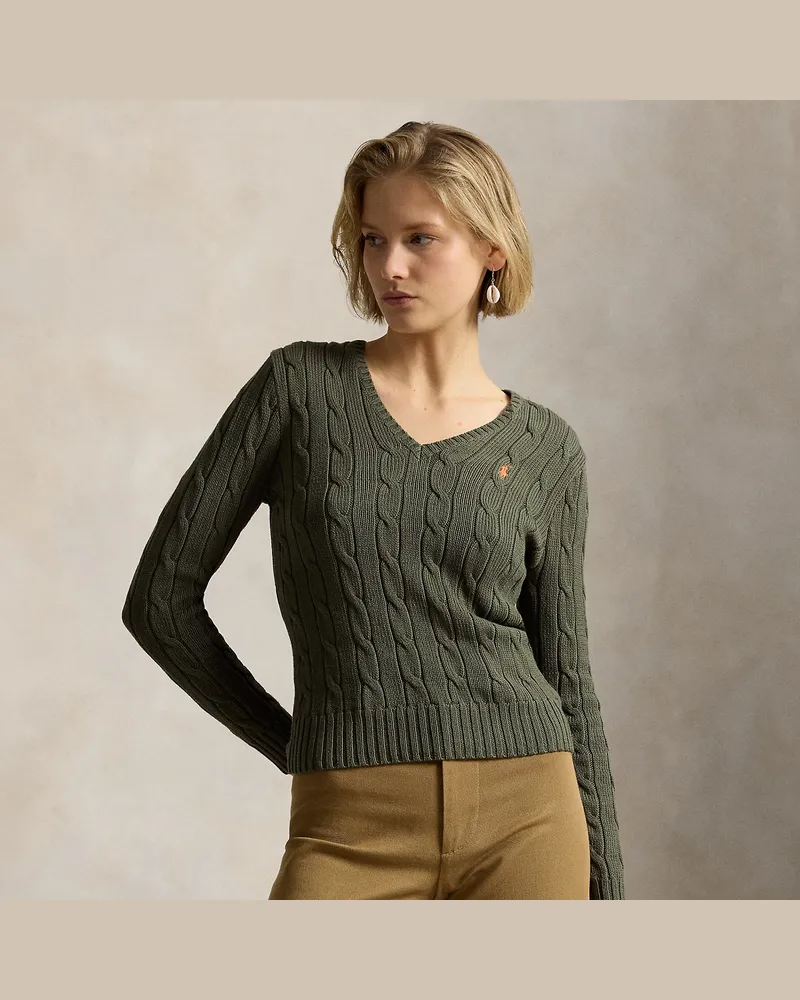 Ralph Lauren Zopfmusterpullover mit V-Ausschnitt Green