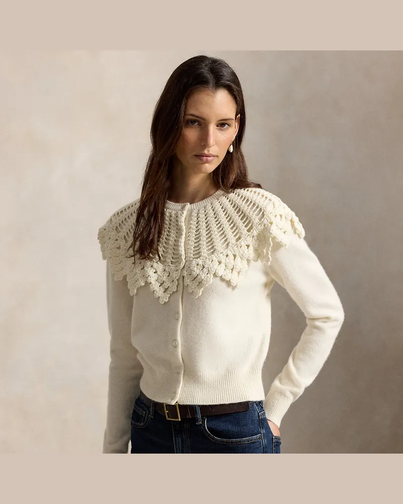 Ralph Lauren Woll-Alpaka-Strickjacke mit Häkelpasse White