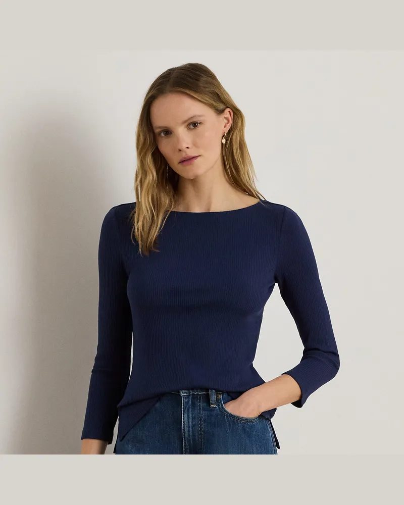 Ralph Lauren Geripptes T-Shirt mit U-Boot-Ausschnitt Blue