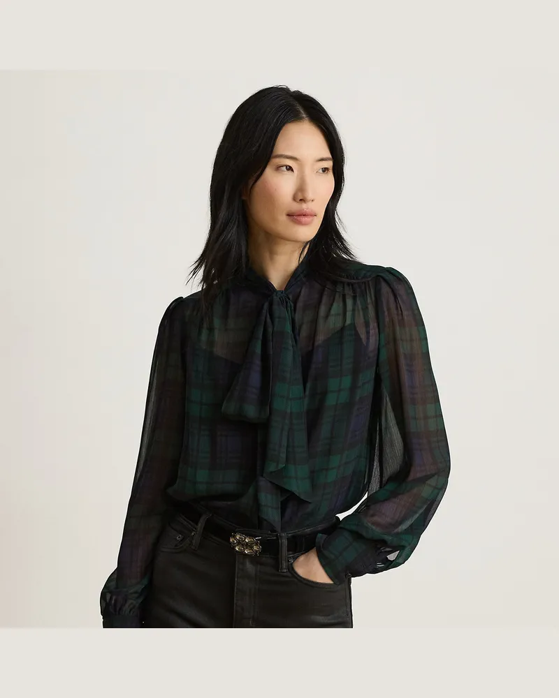 Ralph Lauren Karierte Georgettebluse mit Bindedetail Blue