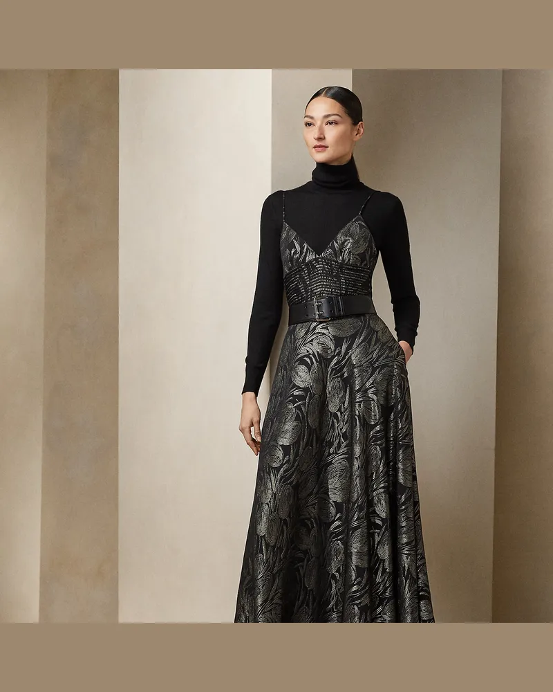 Ralph Lauren Geblümtes Jacquard-Cocktailkleid Henri Silver
