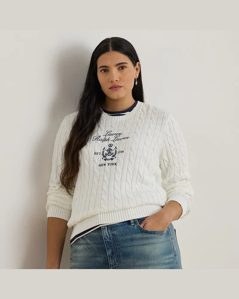Ralph Lauren Plus Größen - Zopfmusterpullover mit gesticktem Wappen White