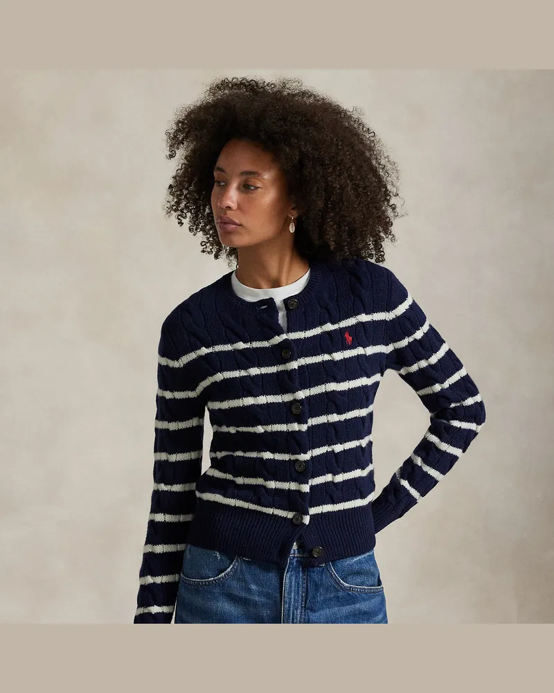 Ralph Lauren Gestreifte Strickjacke mit Zopfmuster Blue