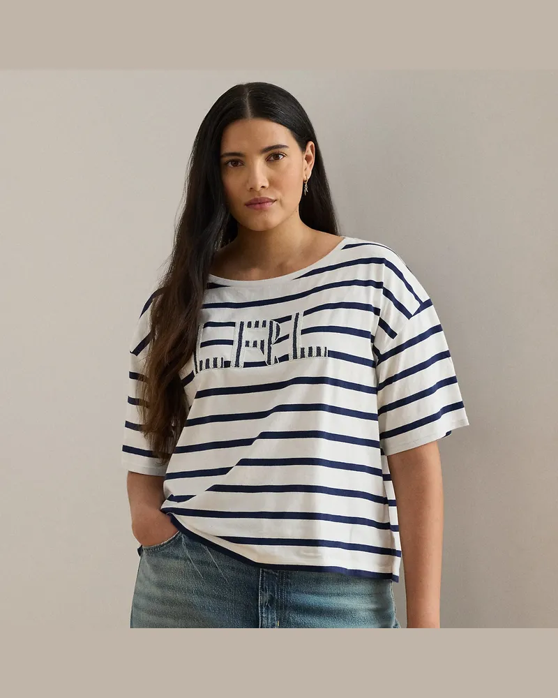 Ralph Lauren Plus Größen - Gestreiftes T-Shirt mit Perlenlogo White