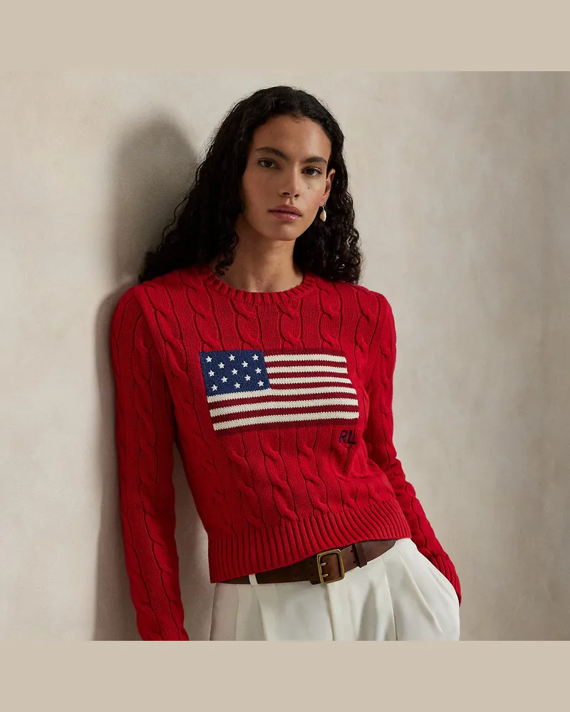 Ralph Lauren Kurzer Zopfmusterpullover mit US-Flagge Red