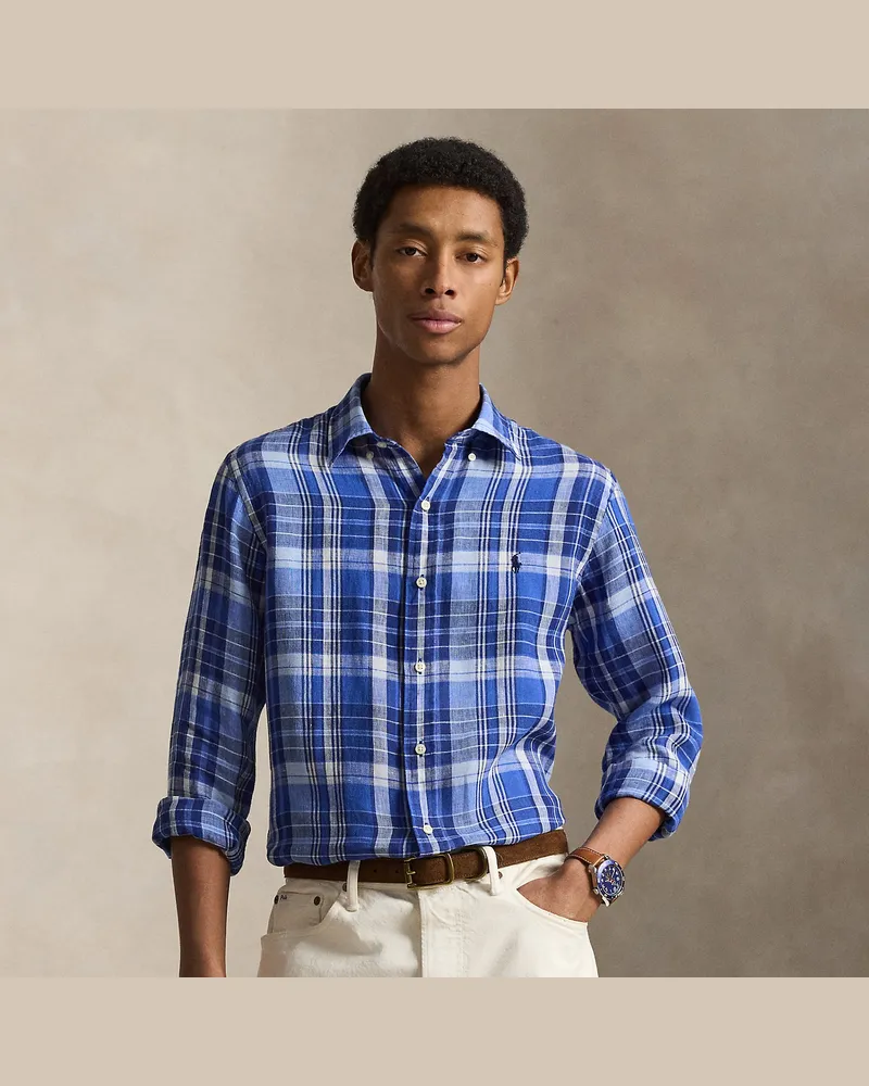 Ralph Lauren Kariertes Custom-Fit Hemd aus Leinen Blue
