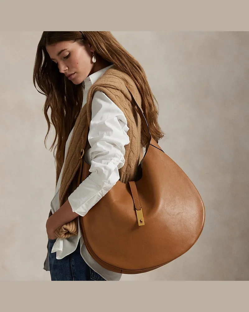 Ralph Lauren Große Schultertasche Polo ID aus Kalbsleder Tan