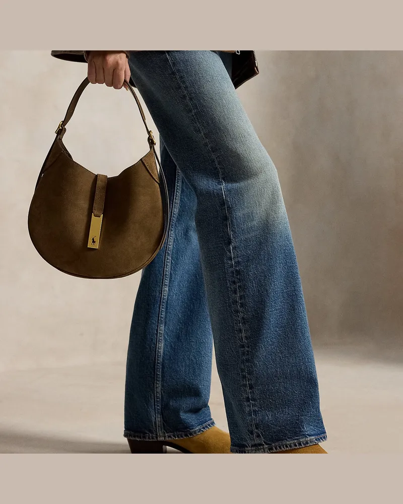 Ralph Lauren Kleine Wildleder-Schultertasche Polo ID Brown