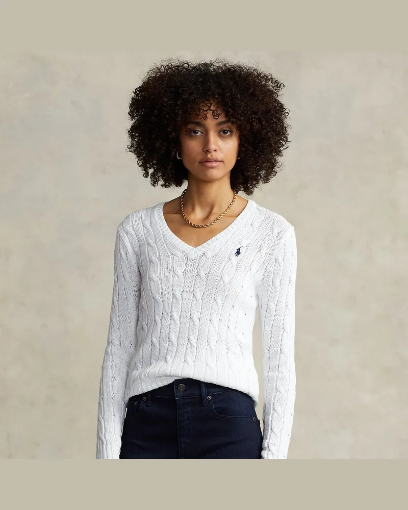 Ralph Lauren Zopfmusterpullover mit V-Ausschnitt White