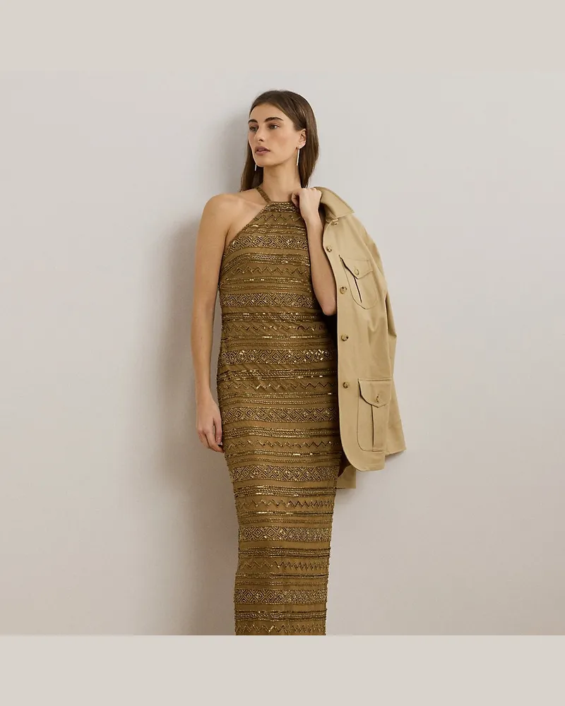 Ralph Lauren Perlenbesetztes Neckholder-Abendkleid Multi