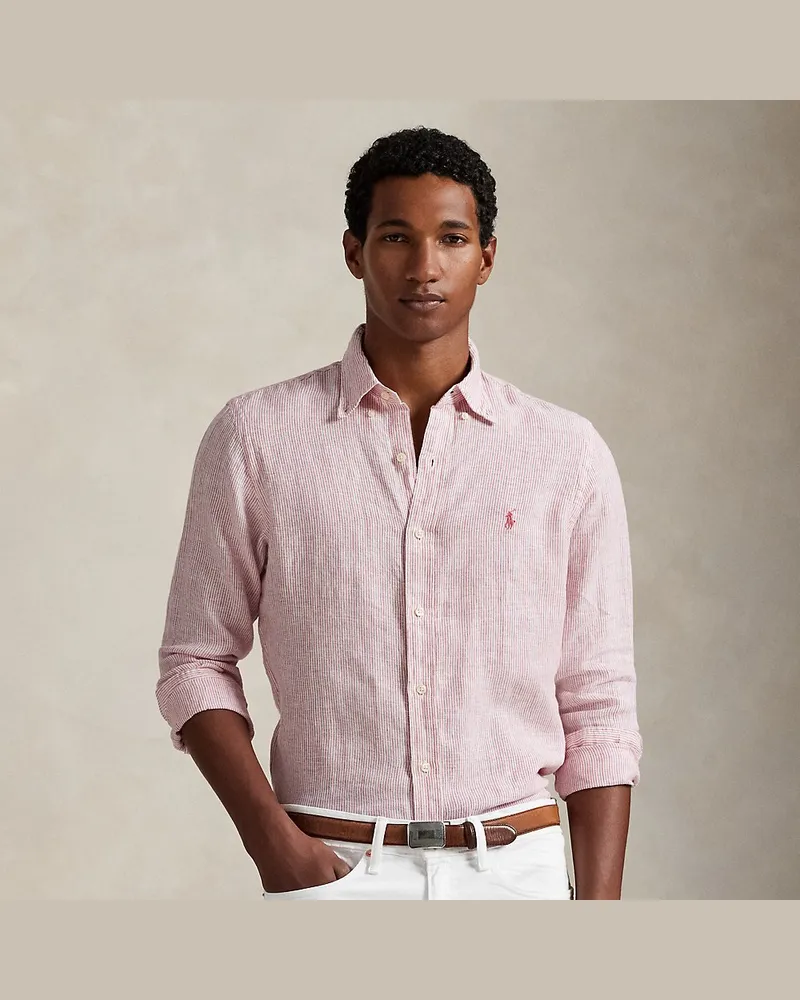 Ralph Lauren Gestreiftes Custom-Fit Leinenhemd Red