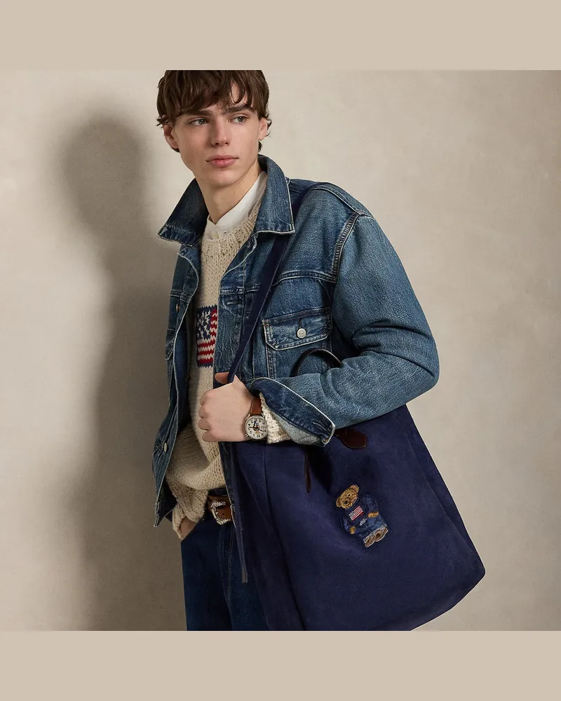 Ralph Lauren Rauwildleder-Tragetasche mit Polo Bear Blue