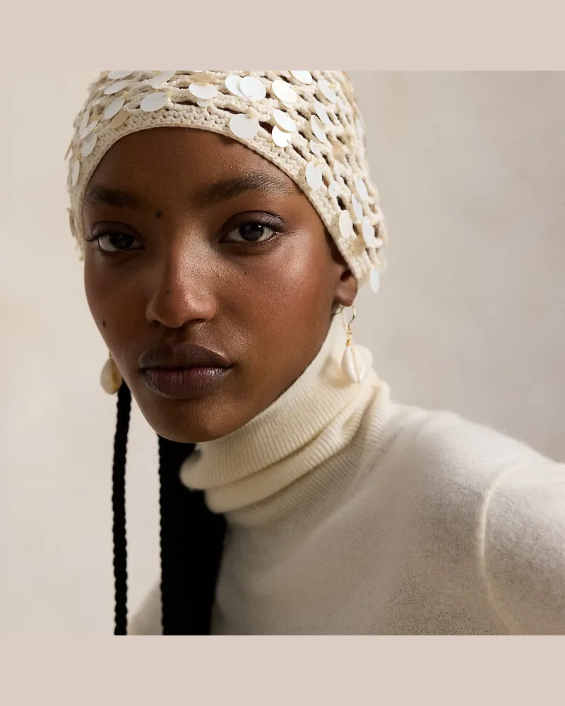 Ralph Lauren Gehäkelte Beaniemütze mit Pailletten Cream