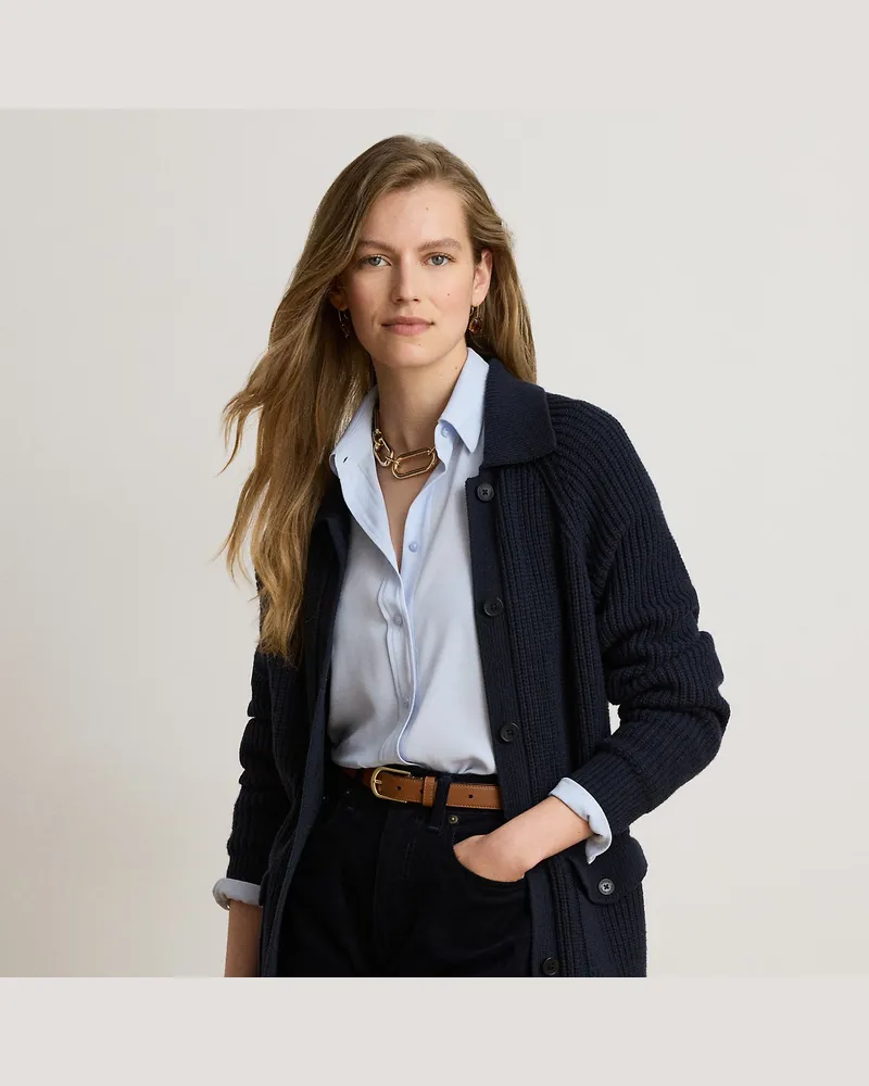 Ralph Lauren Gerippte Strickjacke mit Kragen Blue