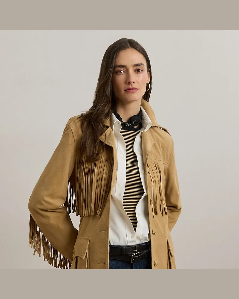 Ralph Lauren Wildlederjacke mit Gürtel und Fransen Tan