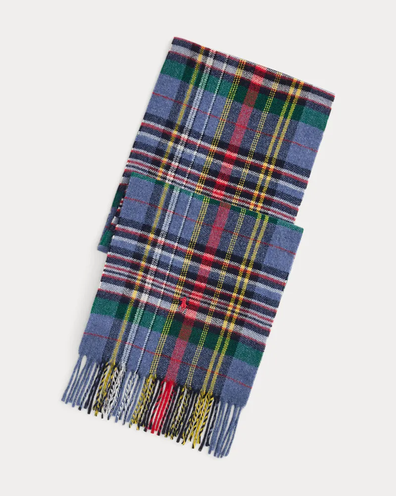 Ralph Lauren Karierter Fransenschal aus Wolle Blue