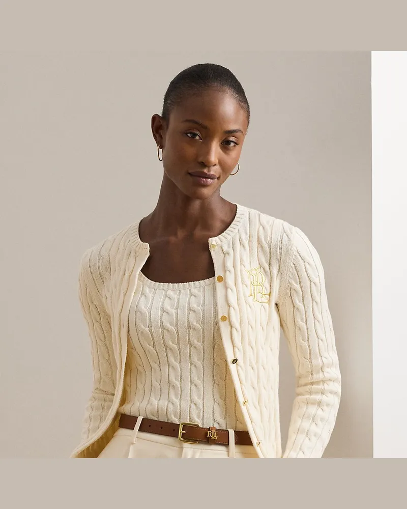 Ralph Lauren Baumwollstrickjacke mit Zopfmuster Cream