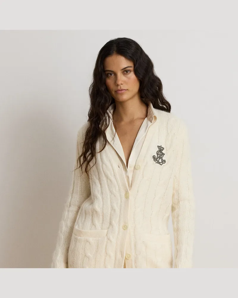 Ralph Lauren Strickjacke mit Zopfmuster und Aufnäher Cream