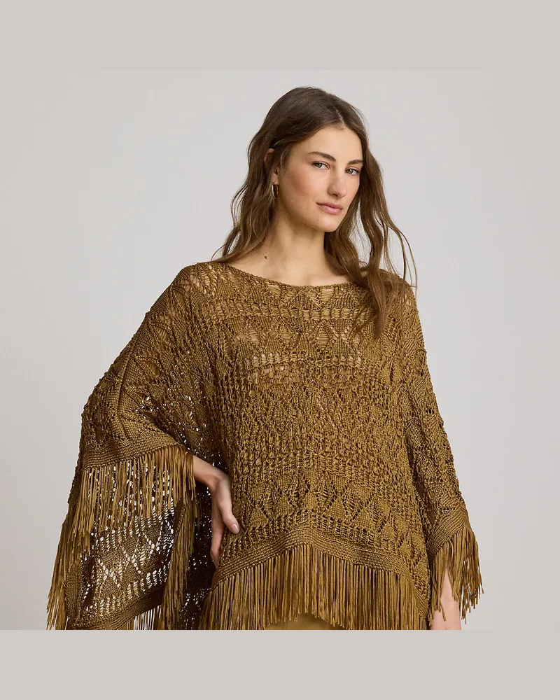 Ralph Lauren Poncho mit Lochmuster und Fransenbesatz Brown