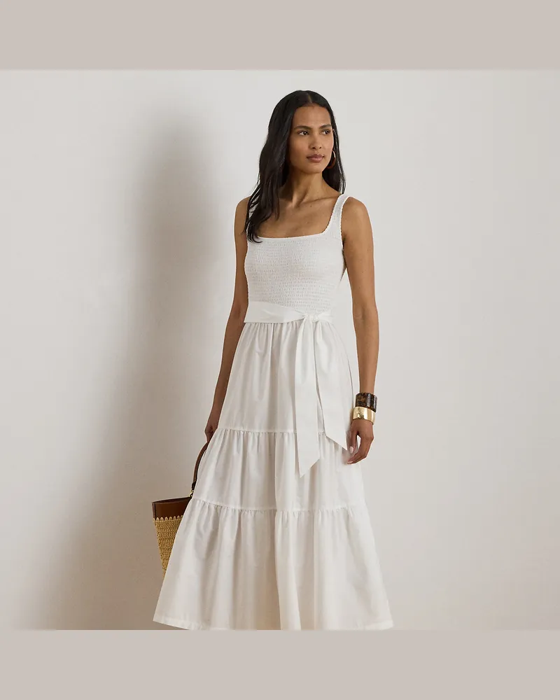 Ralph Lauren Baumwolljersey-Stufenkleid mit Gürtel White